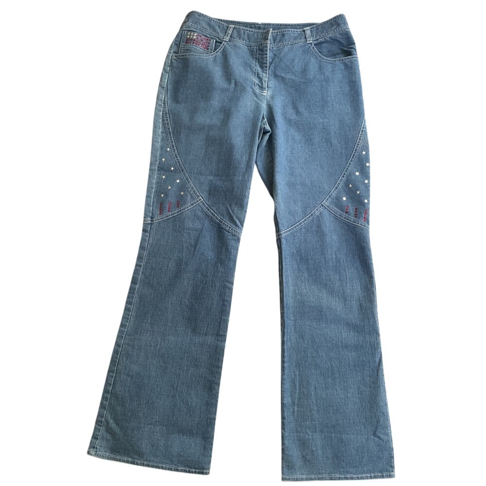 Vintage Patriotic Star Studded Rhinestone Light Wash Flare Leg Jeans Size 32